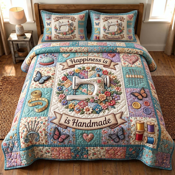 Petal Stitchery quilted 3-piece bedding set on a made bed with two matching pillow shams