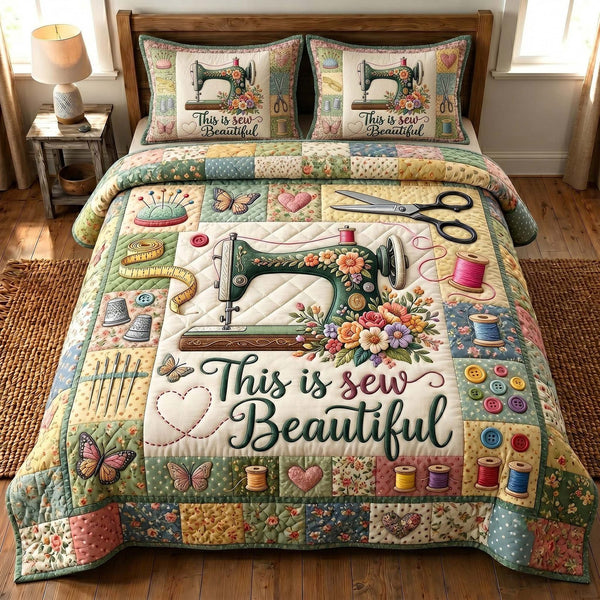 Petal Stitchery quilted 3-piece bedding set on a made bed with two matching pillow shams