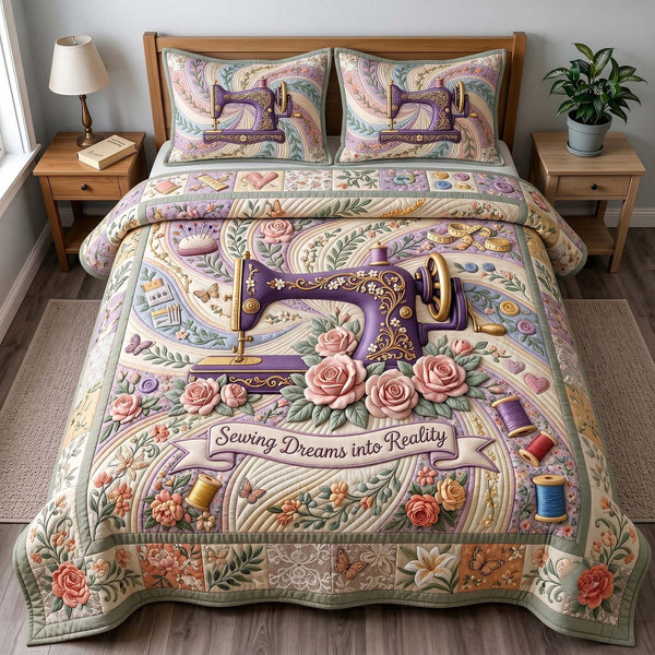 Petal Stitchery quilted 3-piece bedding set on a made bed with two matching pillow shams