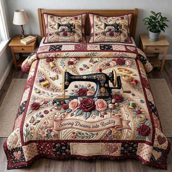 Petal Stitchery quilted 3-piece bedding set on a made bed with two matching pillow shams