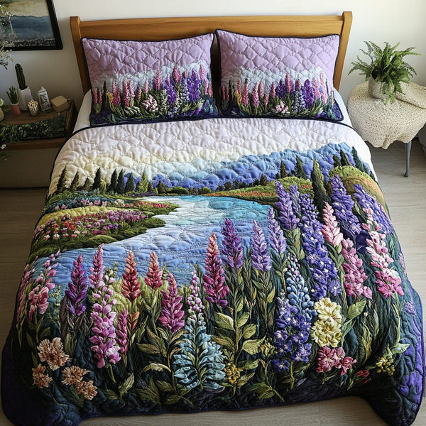 Petal Trail quilted 3-piece bedding set on a made bed with two matching pillow shams