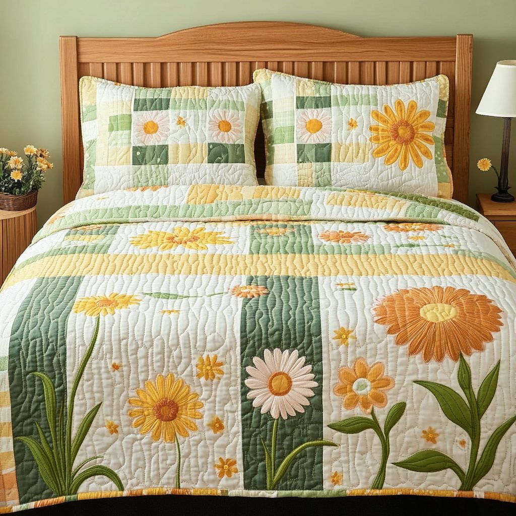 Petal Whisper quilted 3-piece bedding set on a made bed with two matching pillow shams