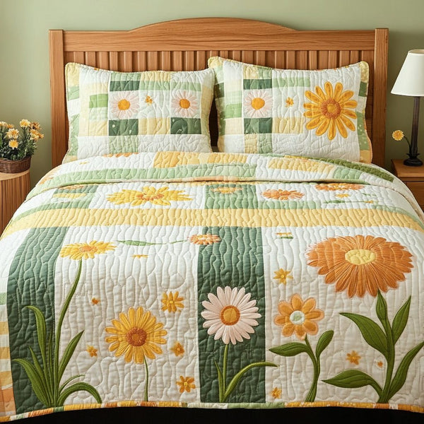 Petal Whisper quilted 3-piece bedding set on a made bed with two matching pillow shams