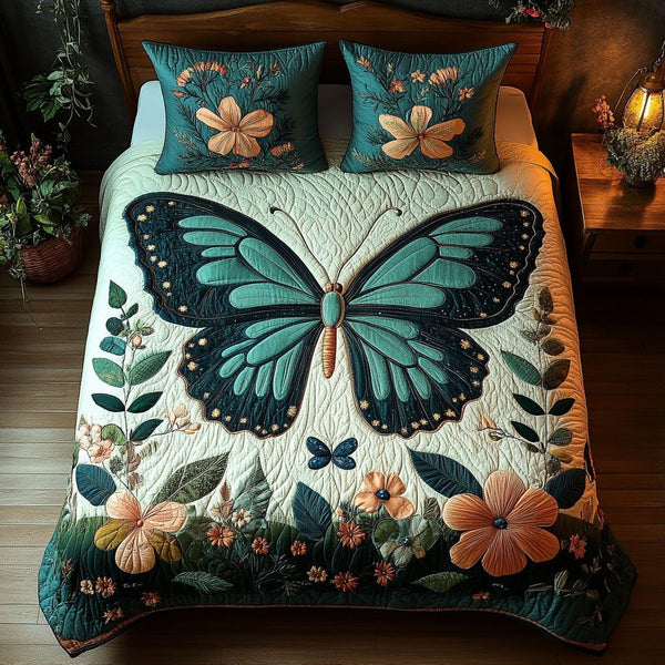 Petal Whispers quilted 3-piece bedding set on a made bed with two matching pillow shams