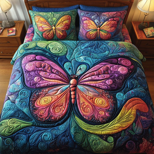 Petal Wings quilted 3-piece bedding set on a made bed with two matching pillow shams