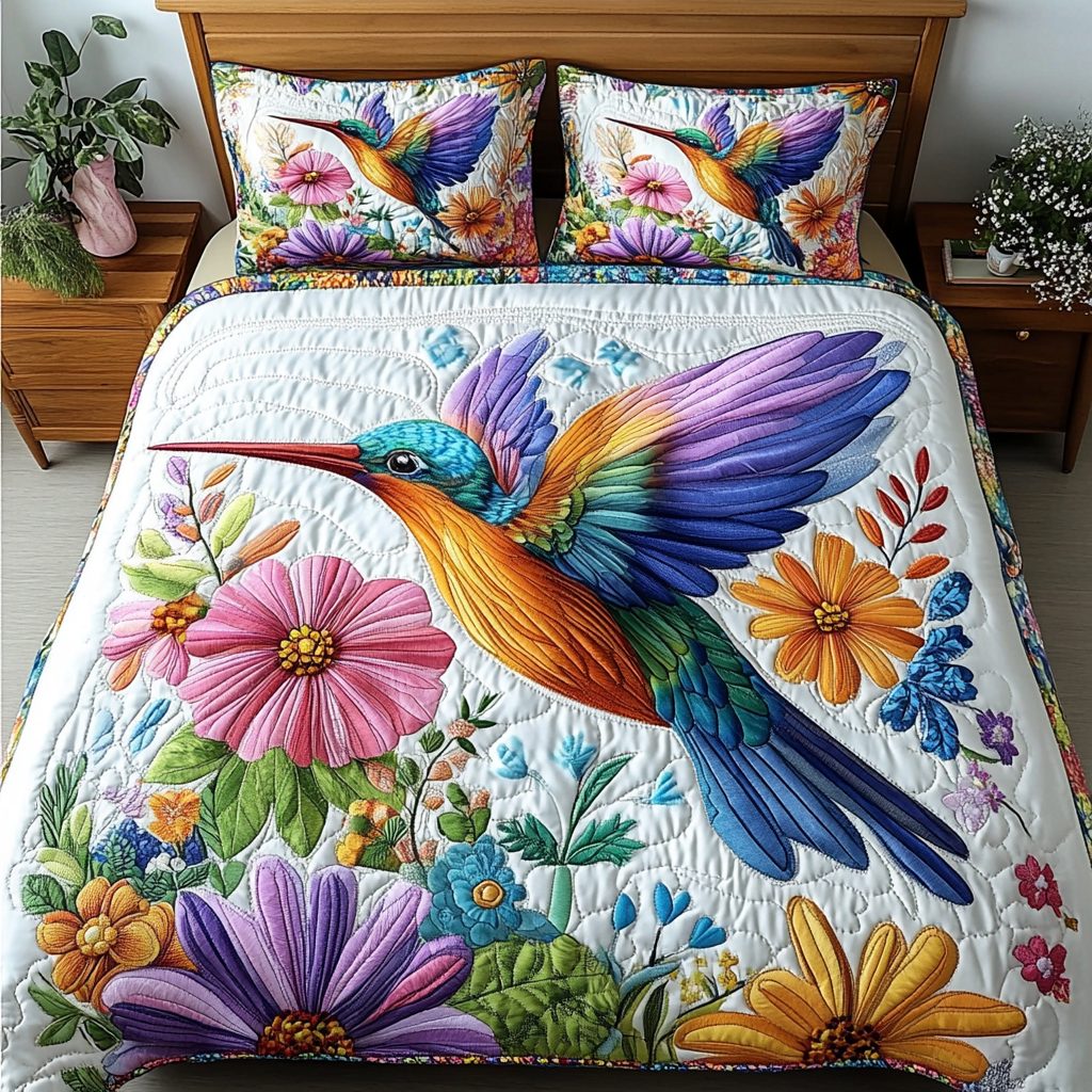 Petal Wings quilted 3-piece bedding set on a made bed with two matching pillow shams