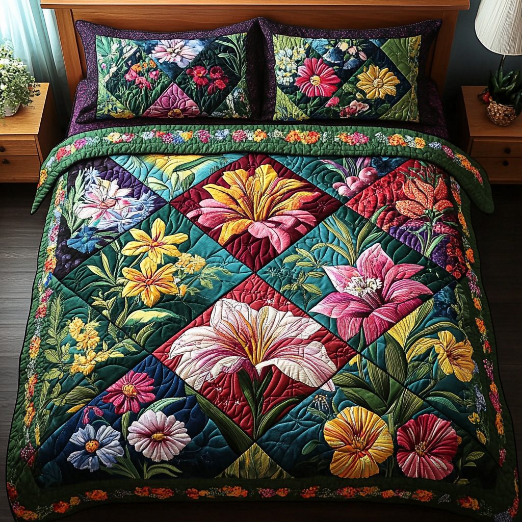 Petals and Pastels quilted 3-piece bedding set on a made bed with two matching pillow shams