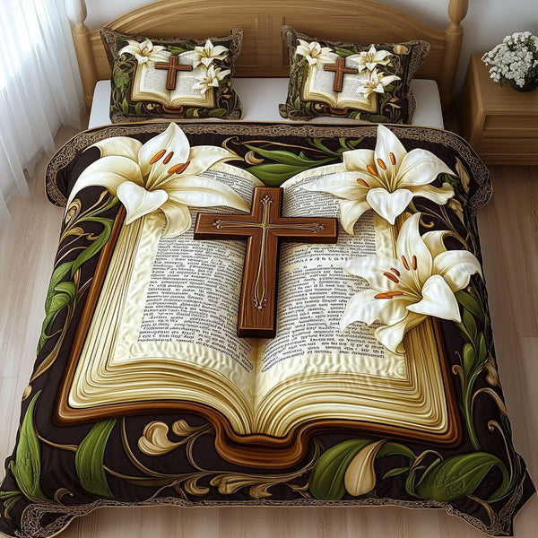 Petals of Hope quilted 3-piece bedding set on a made bed with two matching pillow shams