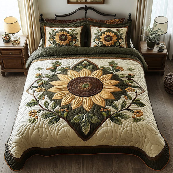 Petals of Joy quilted 3-piece bedding set on a made bed with two matching pillow shams