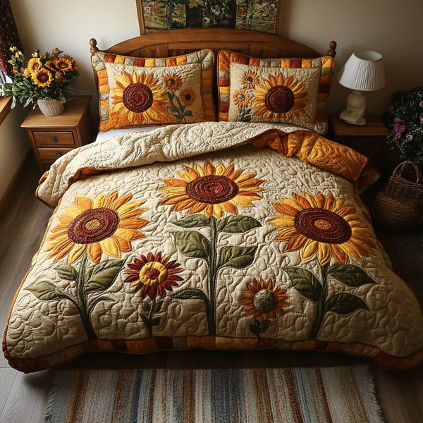 Petals of Joy quilted 3-piece bedding set on a made bed with two matching pillow shams