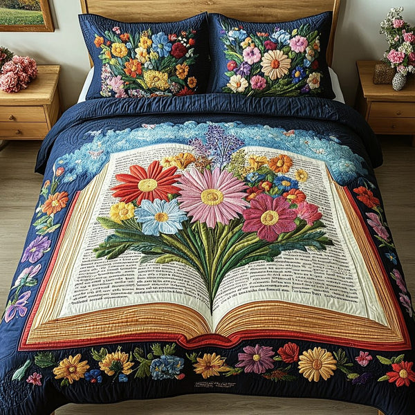 Petals of Knowledge quilted 3-piece bedding set on a made bed with two matching pillow shams