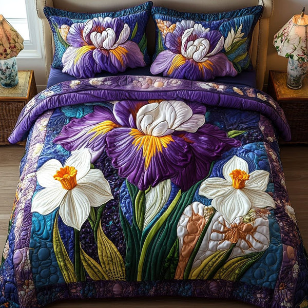Petals of Light quilted 3-piece bedding set on a made bed with two matching pillow shams