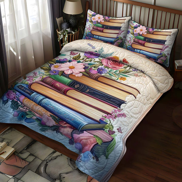 Petals Of Wisdom quilted 3-piece bedding set on a made bed with two matching pillow shams