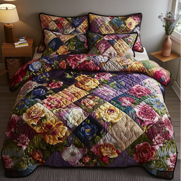 Petals Patchwork quilted 3-piece bedding set on a made bed in a farmhouse bedroom