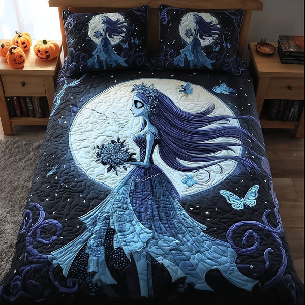 Phantom Bride quilted 3-piece bedding set on a made bed with two matching pillow shams