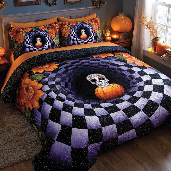 Phantom Descent quilted 3-piece bedding set on a made bed with two matching pillow shams