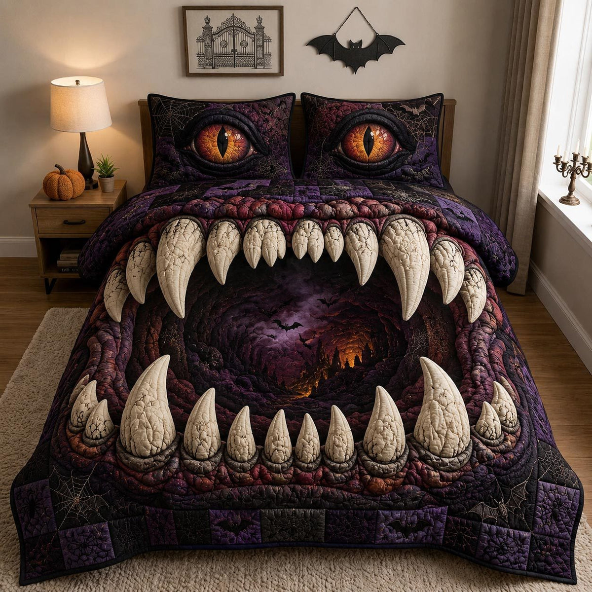 Phantom Hollow quilted 3-piece bedding set on a made bed with two matching pillow shams