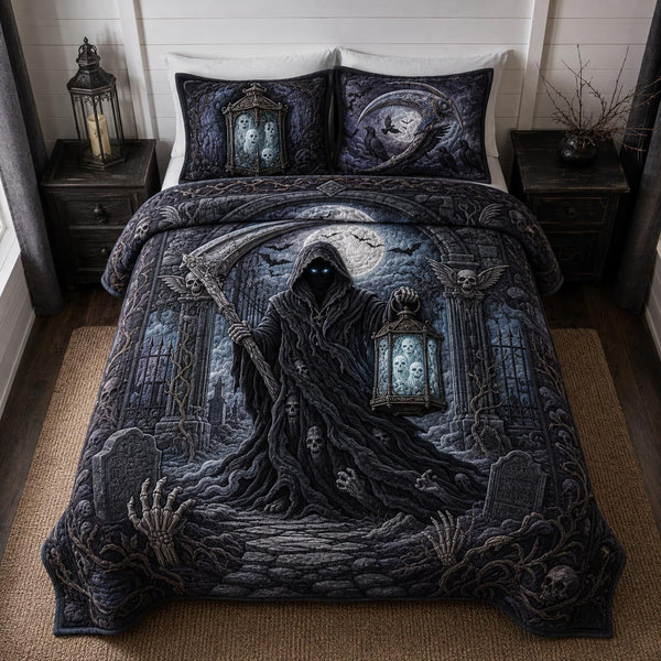 Phantom Hollow quilted 3-piece bedding set on a made bed with two matching pillow shams