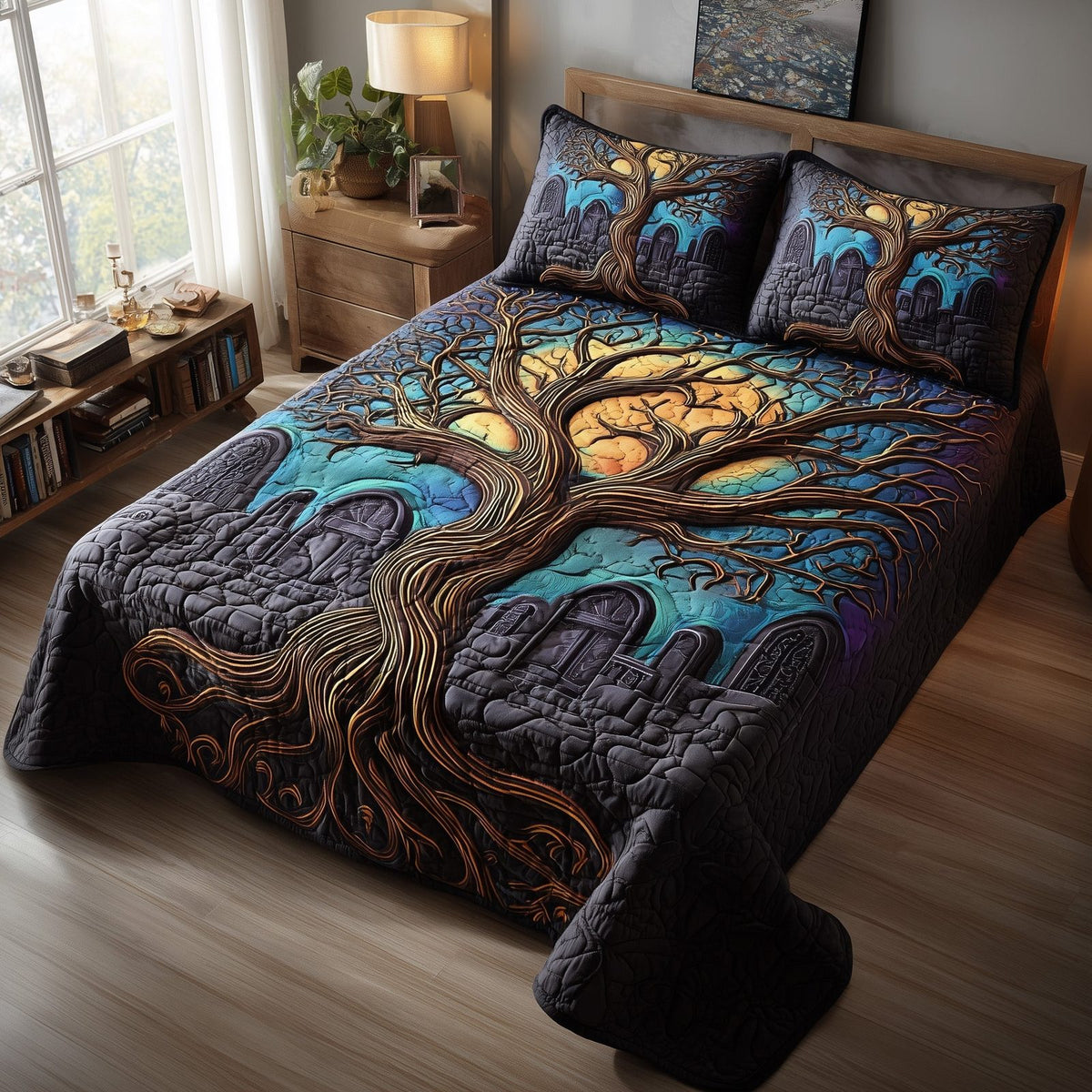 Phantom Hollow quilted 3-piece bedding set on a made bed with two matching pillow shams
