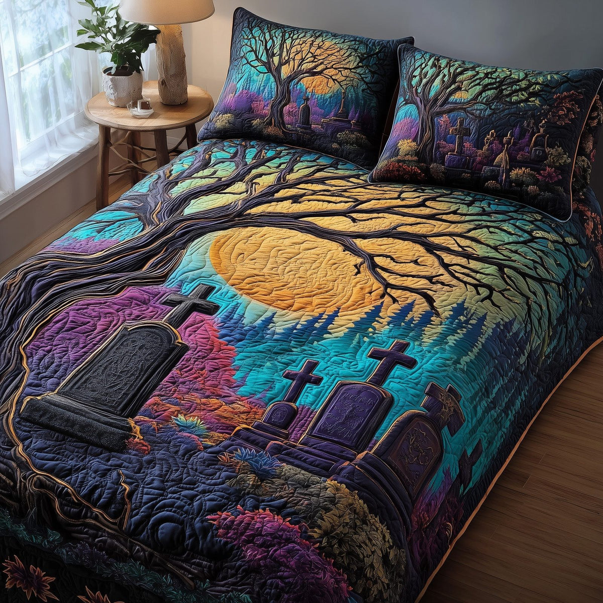 Phantom Hollow quilted 3-piece bedding set on a made bed with two matching pillow shams