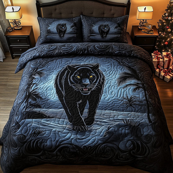 Phantom Panther quilted 3-piece bedding set on a made bed with two matching pillow shams