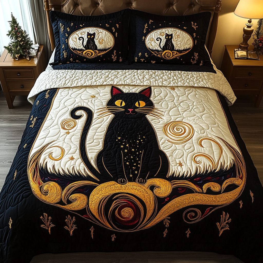 Phantom Purr quilted 3-piece bedding set on a made bed with two matching pillow shams