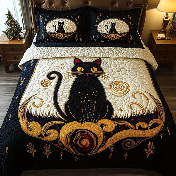 Phantom Purr quilted 3-piece bedding set on a made bed with two matching pillow shams