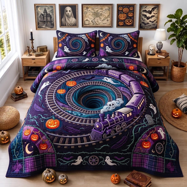Phantom Tunnel quilted 3-piece bedding set on a made bed with two matching pillow shams