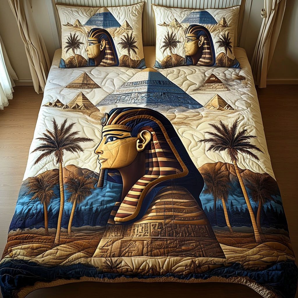 Pharaoh Legacy quilted 3-piece bedding set on a made bed with two matching pillow shams