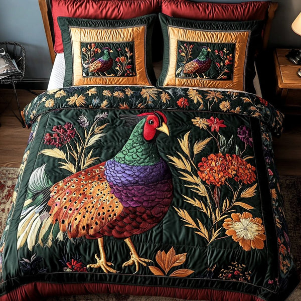 Pheasant Glow quilted 3-piece bedding set on a made bed with two matching pillow shams