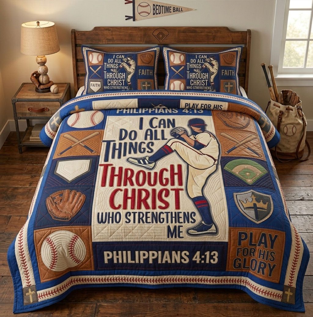 Philippians 4 13 Baseball Player Faith quilted 3-piece bedding set on a made bed in a softly lit bedroom