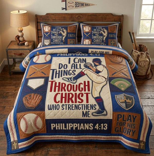Philippians 4 13 Baseball Player Faith quilted 3-piece bedding set on a made bed in a softly lit bedroom