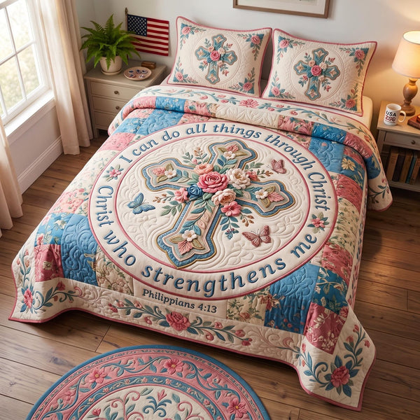 Philippians 413 quilted 3-piece bedding set on a made bed with two matching pillow shams