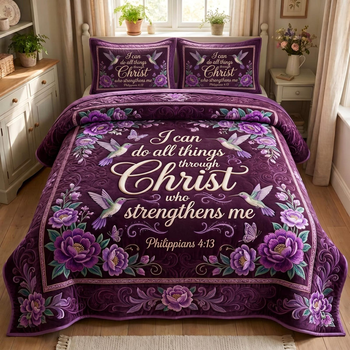Philippians 413 quilted 3-piece bedding set on a made bed with two matching pillow shams