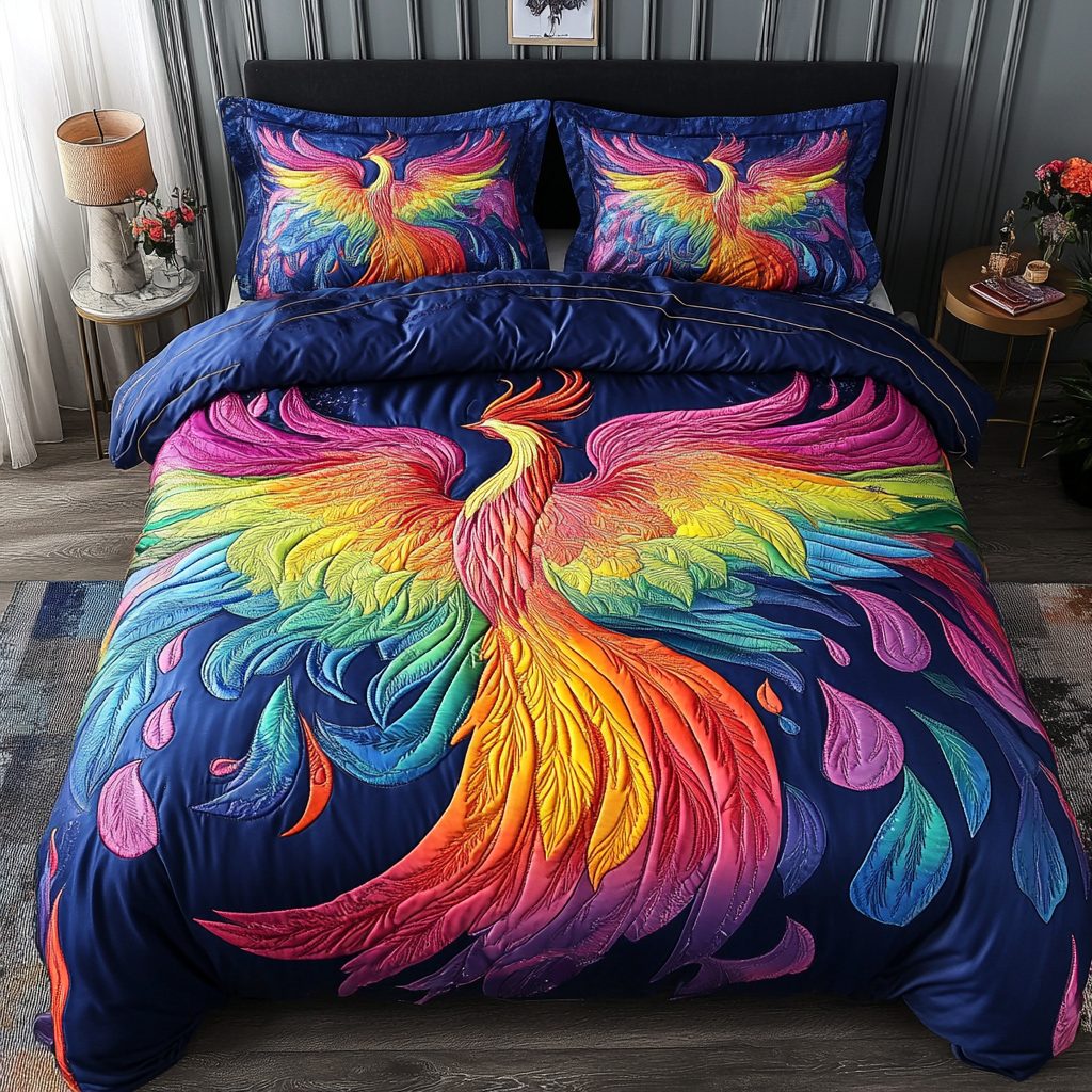 Phoenix Flame quilted 3-piece bedding set on a made bed with two matching pillow shams