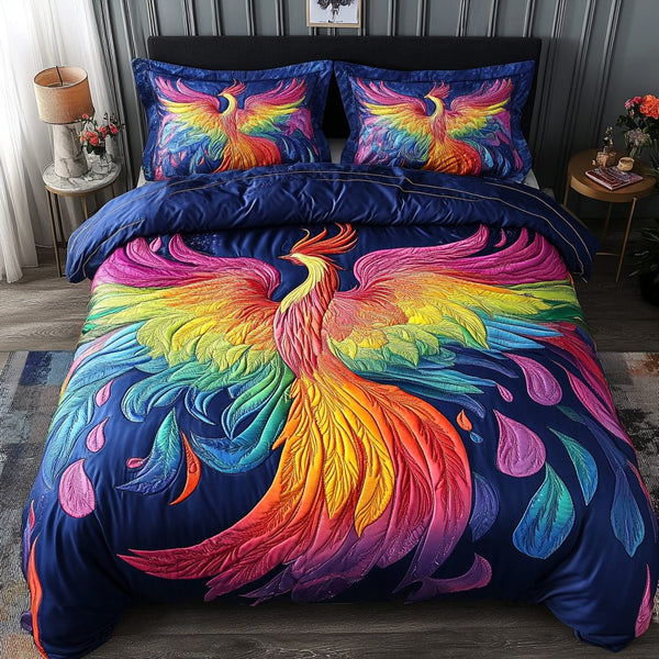 Phoenix Flame quilted 3-piece bedding set on a made bed with two matching pillow shams