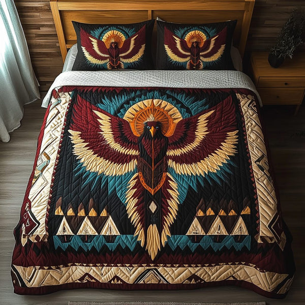 Phoenix Rising quilted 3-piece bedding set on a made bed with two matching pillow shams