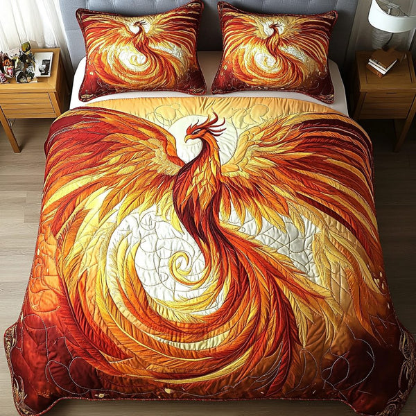 Phoenix Rising quilted 3-piece bedding set on a made bed with two matching pillow shams