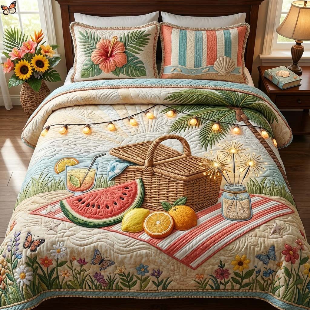 Picnic Breeze quilted 3-piece bedding set on a made bed with two matching pillow shams