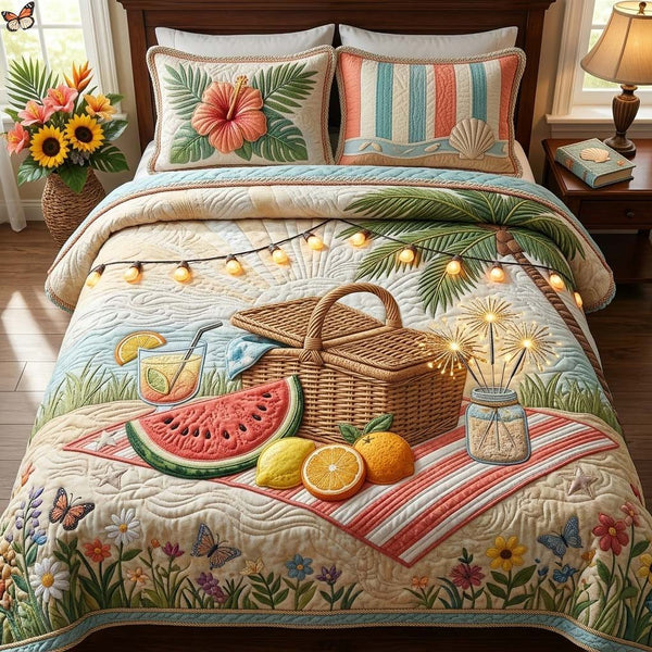 Picnic Breeze quilted 3-piece bedding set on a made bed with two matching pillow shams