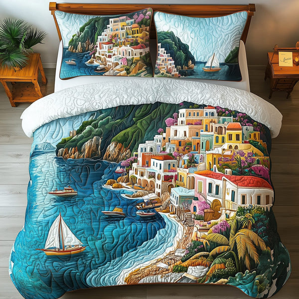 Picturesque Coastal quilted 3-piece bedding set on a made bed in a light coastal bedroom