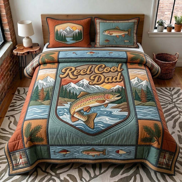 Pine Creek Dad quilted 3-piece bedding set on a made bed with two matching pillow shams