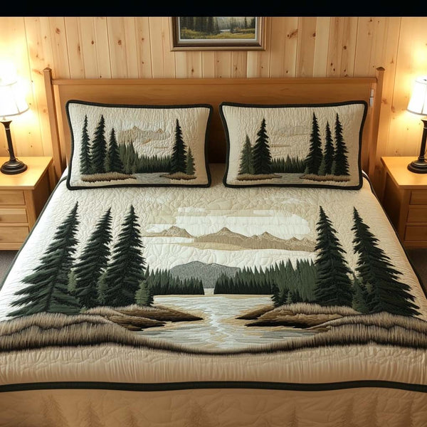 Pine Echo quilted 3-piece bedding set on a made bed with two matching pillow shams