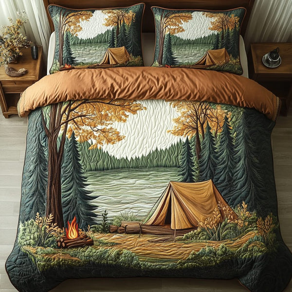 Pine Escape quilted 3-piece bedding set on a made bed with two matching pillow shams