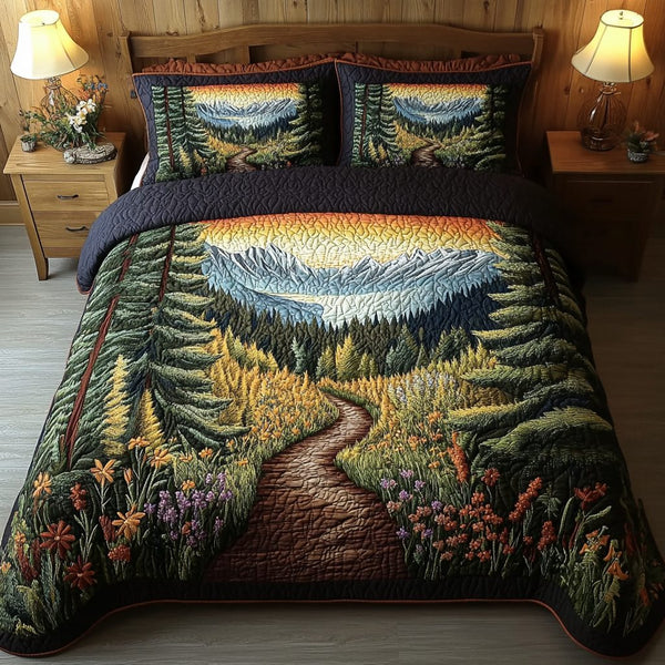 Pine Escape quilted 3-piece bedding set on a made bed with two matching pillow shams