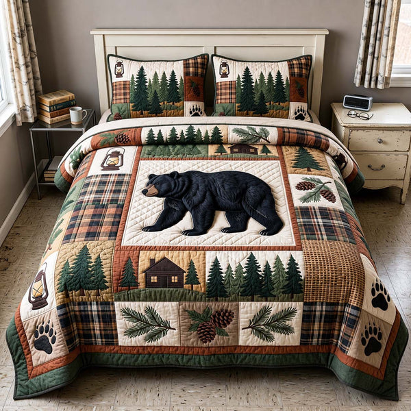 Pine Lodge quilted 3-piece bedding set on a made bed with two matching pillow shams