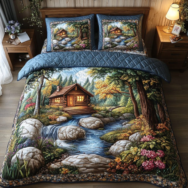 Pine Path quilted 3-piece bedding set on a made bed with two matching pillow shams
