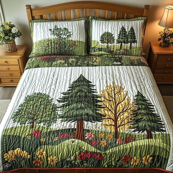 Pine Retreat quilted 3-piece bedding set on a made bed with two matching pillow shams