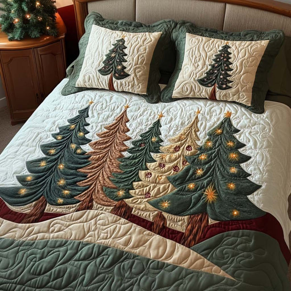 Pine Scent quilted 3-piece bedding set on a made bed with two matching pillow shams