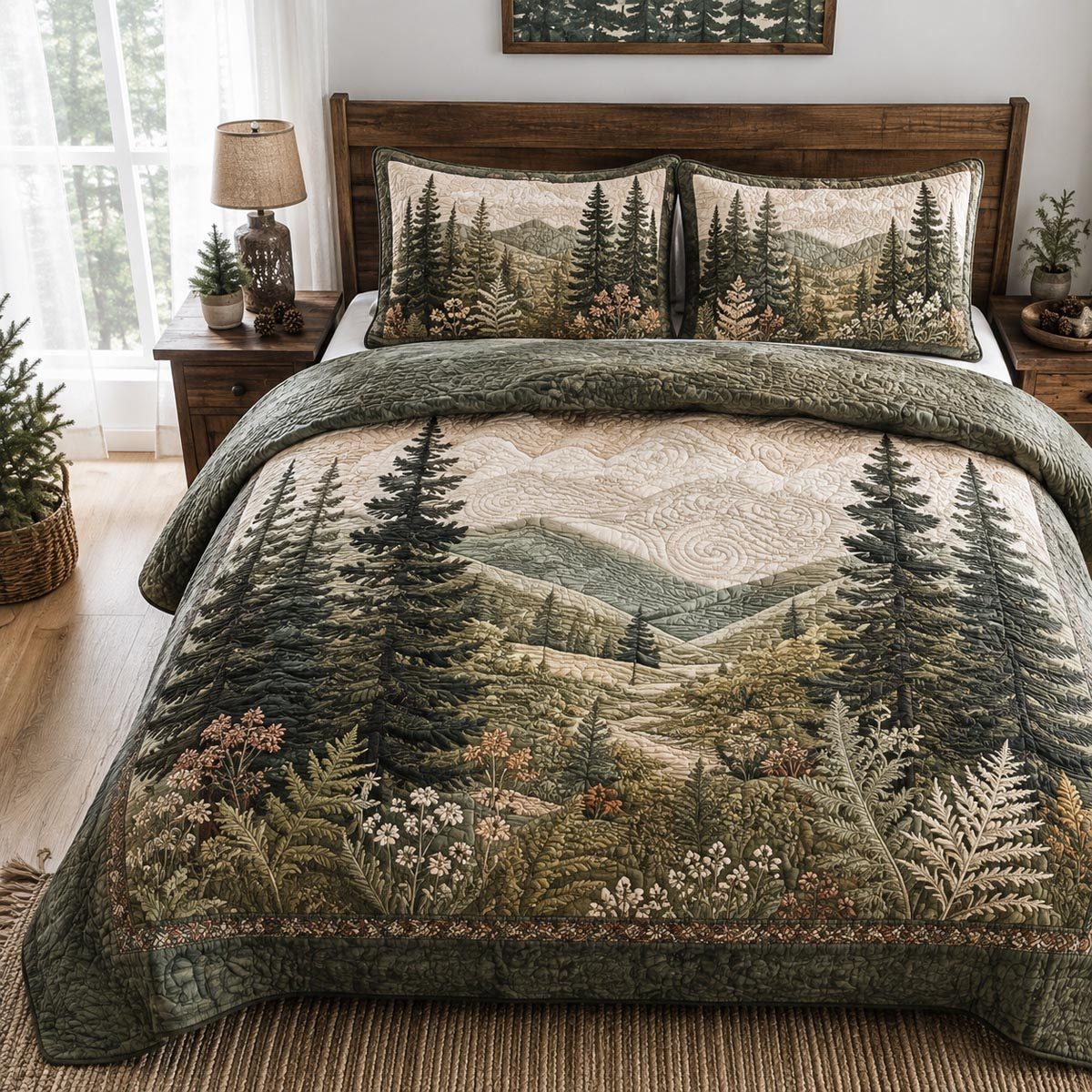 Pine Valley Vista quilted 3-piece bedding set on a made bed with two matching pillow shams